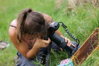 Romi bei der Makrofotografie der Bienenbrut
